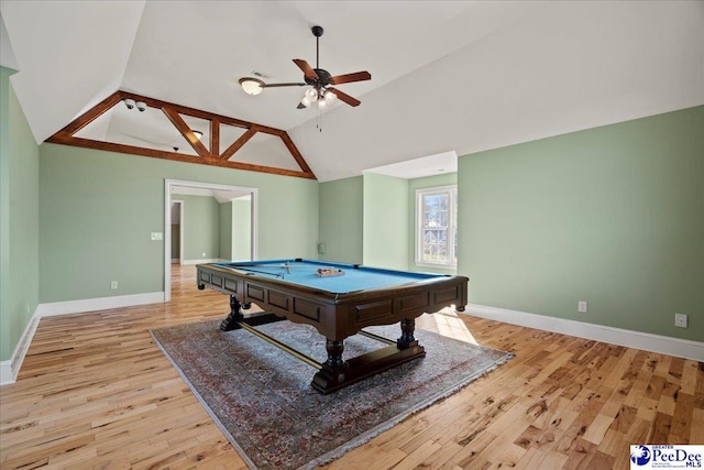 recreation room featuring lofted ceiling, billiards, ceiling fan, and light wood-type flooring