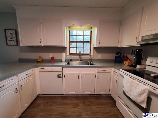 kitchen with white cabinetry, white appliances, dark hardwood / wood-style flooring, and sink