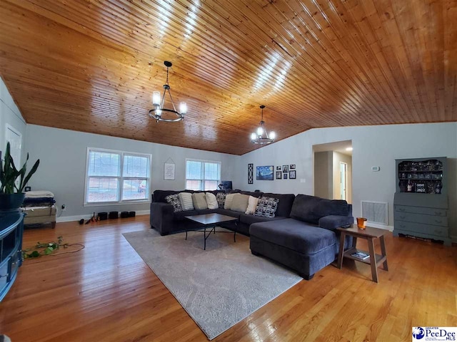 living room featuring a chandelier, vaulted ceiling, light hardwood / wood-style flooring, and wooden ceiling