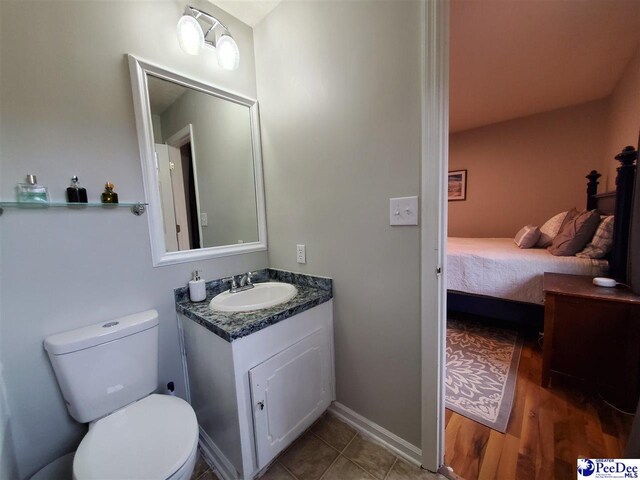 bathroom with vanity, hardwood / wood-style floors, and toilet