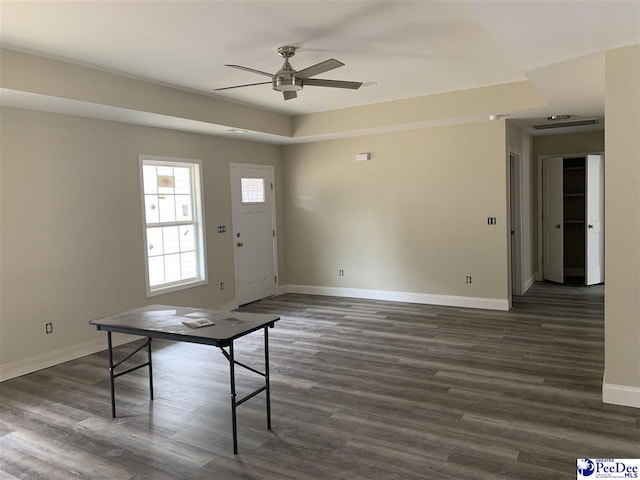 foyer entrance with dark hardwood / wood-style flooring, a raised ceiling, and ceiling fan