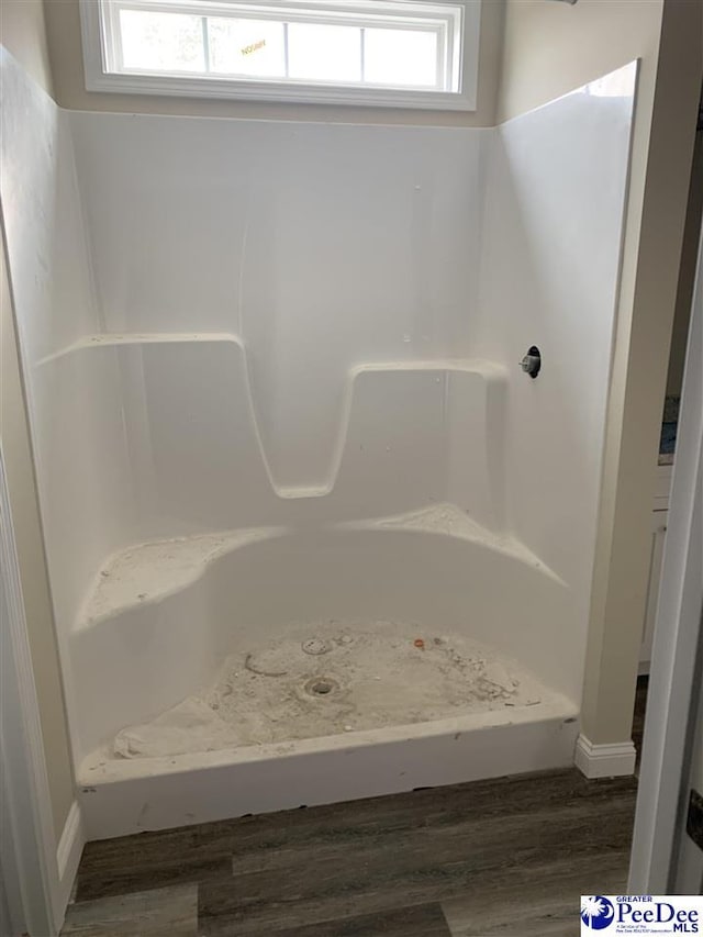 bathroom with plenty of natural light, wood-type flooring, and a shower