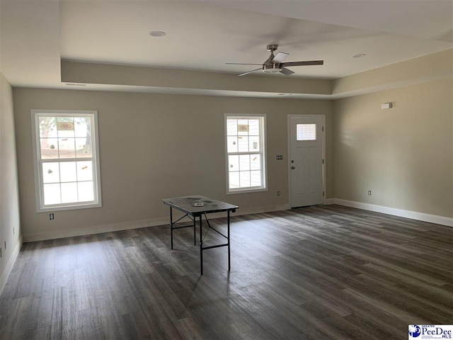 foyer featuring dark wood-type flooring, ceiling fan, a raised ceiling, and a wealth of natural light