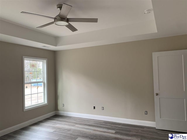 spare room featuring a tray ceiling, light hardwood / wood-style floors, and ceiling fan