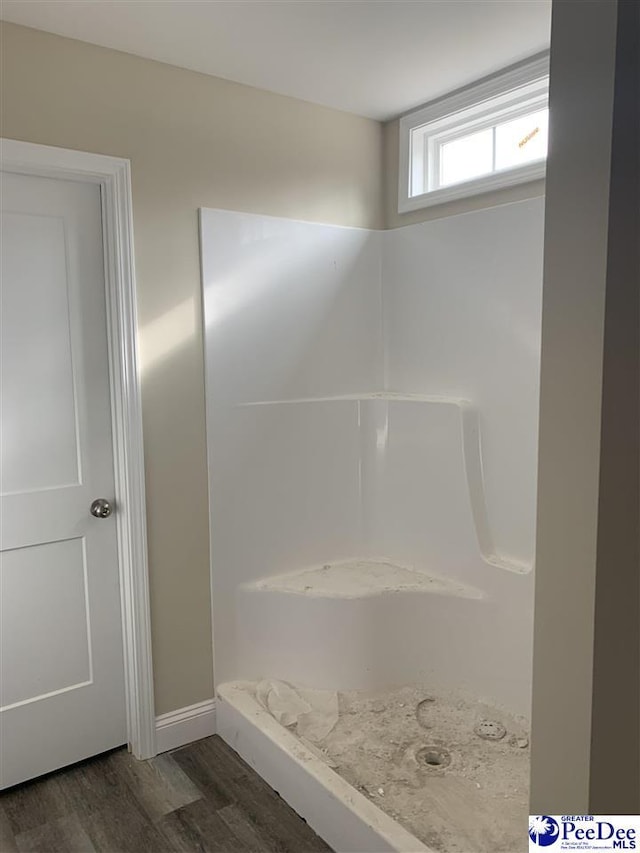 bathroom featuring hardwood / wood-style flooring and walk in shower