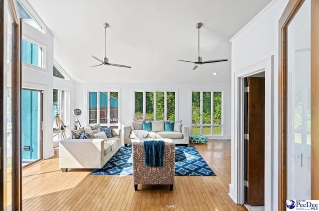 living room with ceiling fan, high vaulted ceiling, a wealth of natural light, and light wood-type flooring