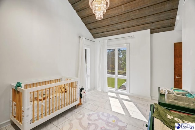 bedroom with light tile patterned flooring, lofted ceiling, an inviting chandelier, and wood ceiling