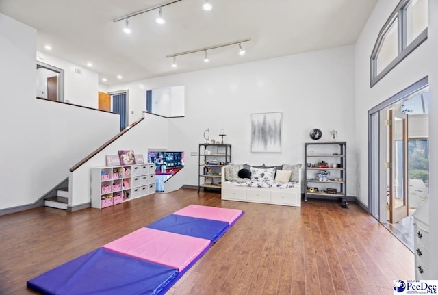 workout room with dark hardwood / wood-style flooring
