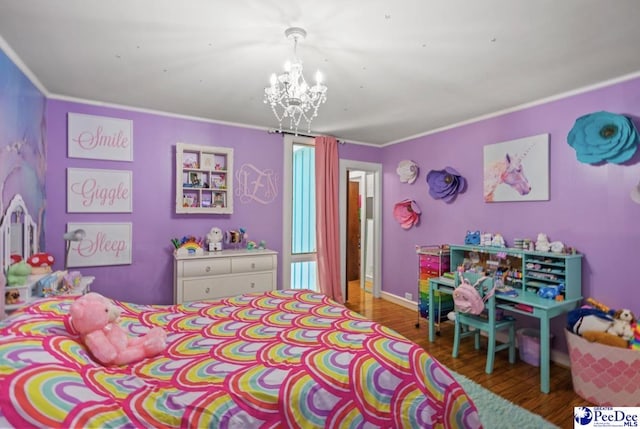 bedroom with crown molding, wood-type flooring, and a notable chandelier