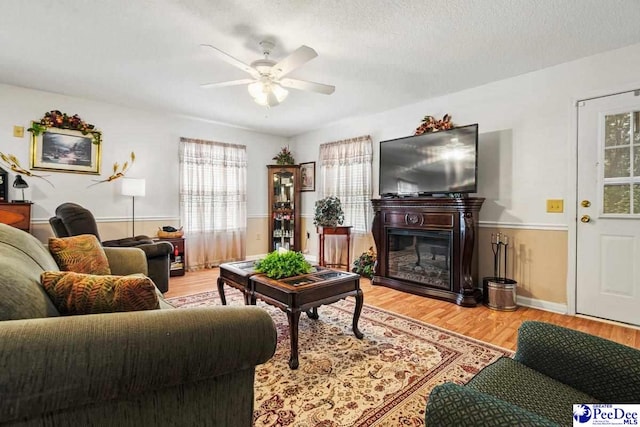 living room featuring a wealth of natural light, a textured ceiling, and light wood-type flooring