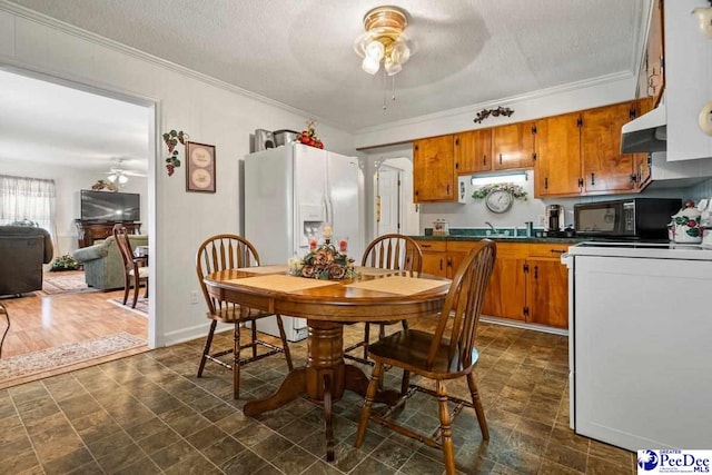 dining room with crown molding, ceiling fan, sink, and a textured ceiling