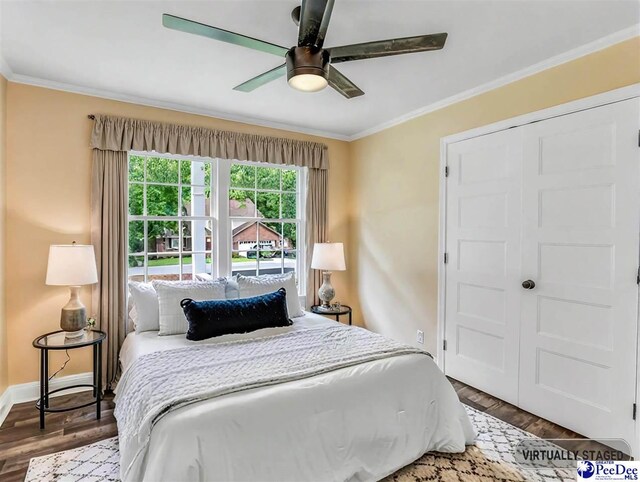 1341 Marshall Ave, Florence, SC 29501 - bedroom featuring wood finished floors, crown molding, baseboards, a ceiling fan, and a closet
