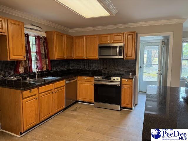 270 Quinby Cir, Quinby, SC 29506 - kitchen with light wood finished floors, a sink, ornamental molding, and stainless steel appliances