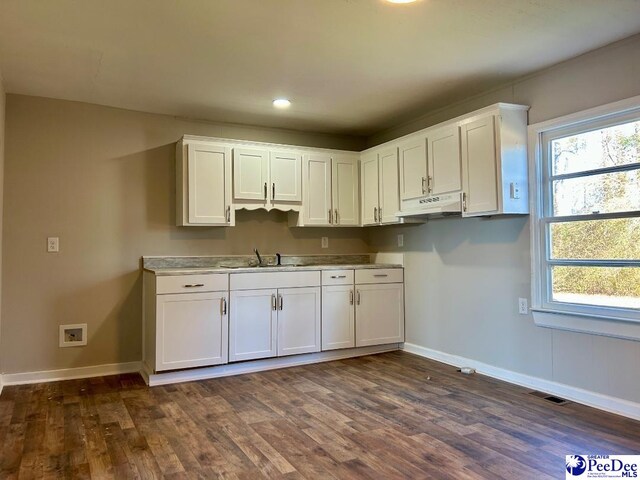 kitchen with white cabinetry, sink, and dark hardwood / wood-style floors