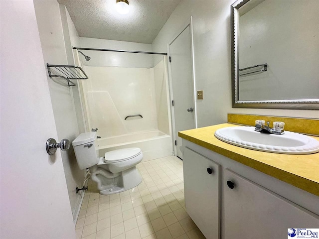 full bathroom featuring shower / bath combination, vanity, a textured ceiling, tile patterned floors, and toilet