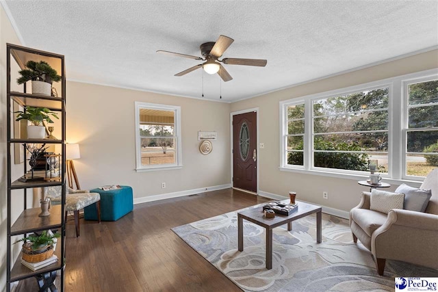 living room with ceiling fan, dark hardwood / wood-style floors, and a textured ceiling