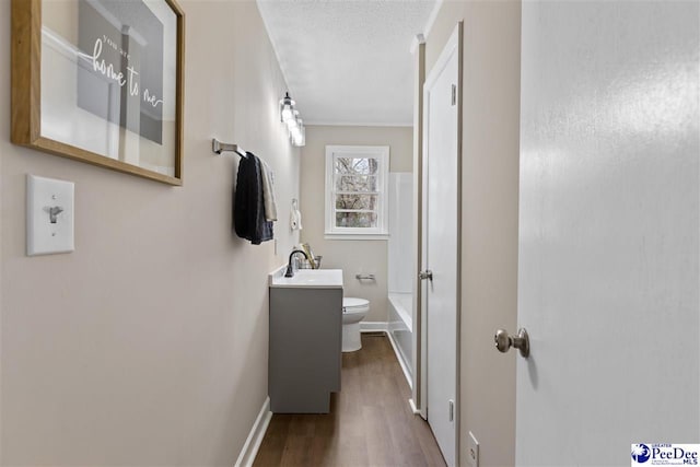 bathroom featuring vanity, a textured ceiling, wood-type flooring, and toilet