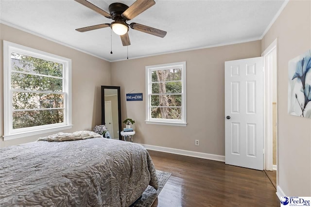 bedroom featuring multiple windows, ornamental molding, dark wood-type flooring, and ceiling fan