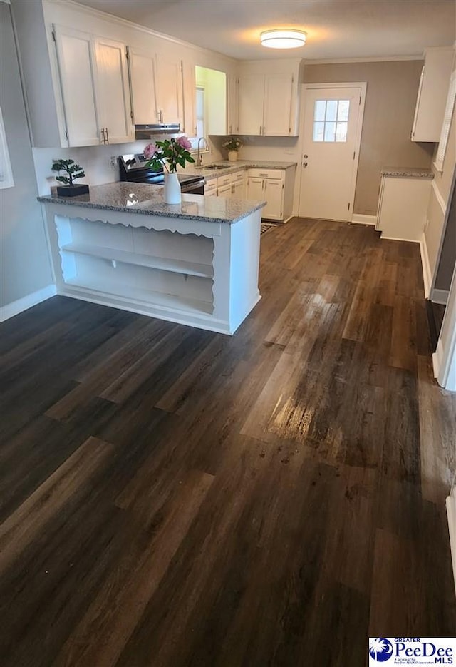 kitchen featuring dark wood-type flooring, sink, white cabinetry, light stone counters, and kitchen peninsula