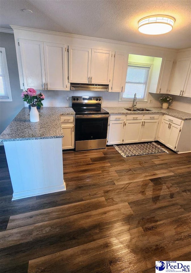 kitchen featuring sink, white cabinets, and stainless steel electric range oven