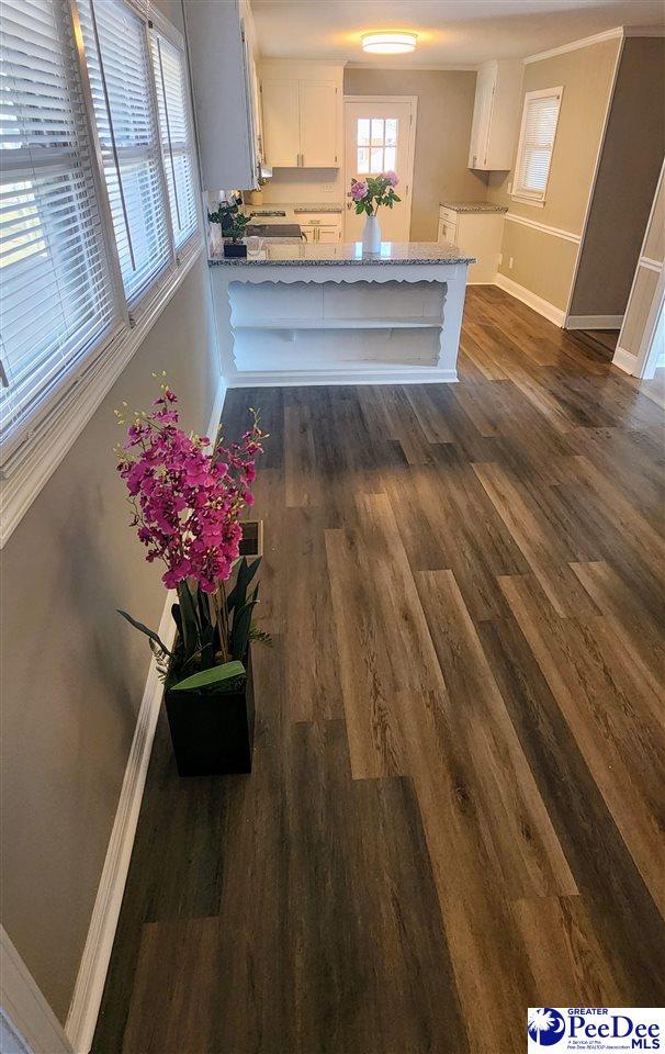 kitchen featuring dark wood-type flooring, kitchen peninsula, light stone countertops, and white cabinets