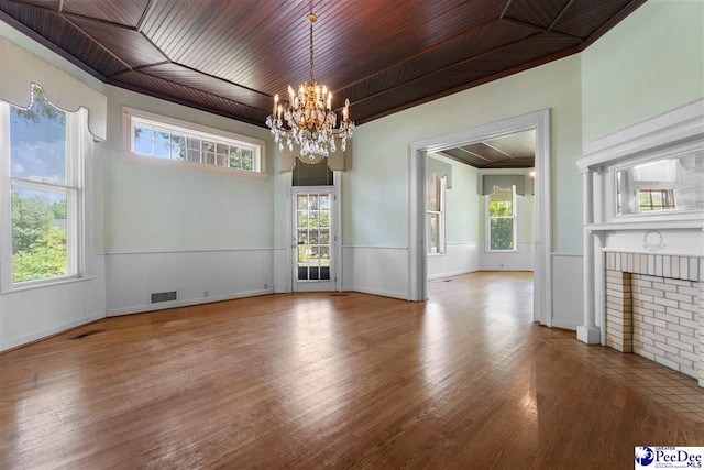 118 Ford Ave, Mullins, SC 29574 - unfurnished dining area with a wainscoted wall, a chandelier, wood ceiling, wood finished floors, and plenty of natural light