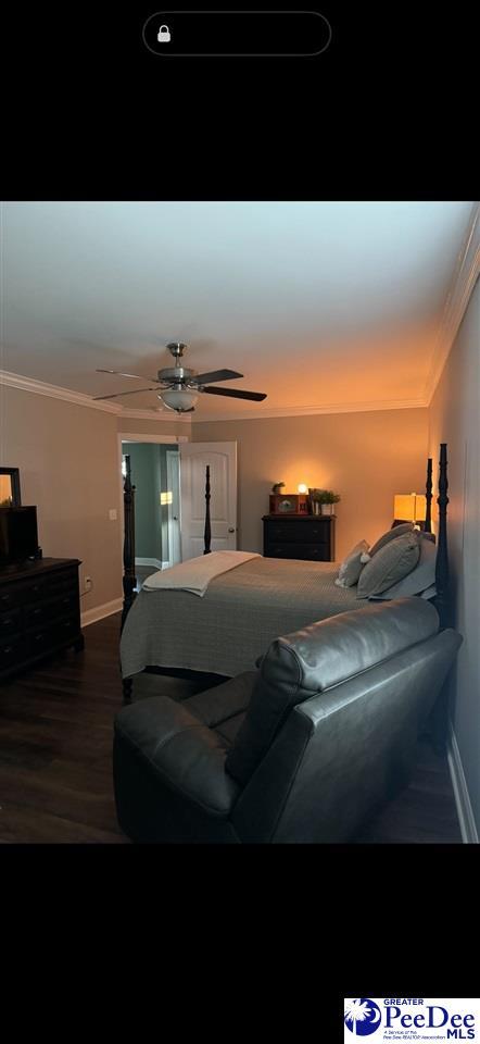 bedroom featuring crown molding, hardwood / wood-style floors, and ceiling fan