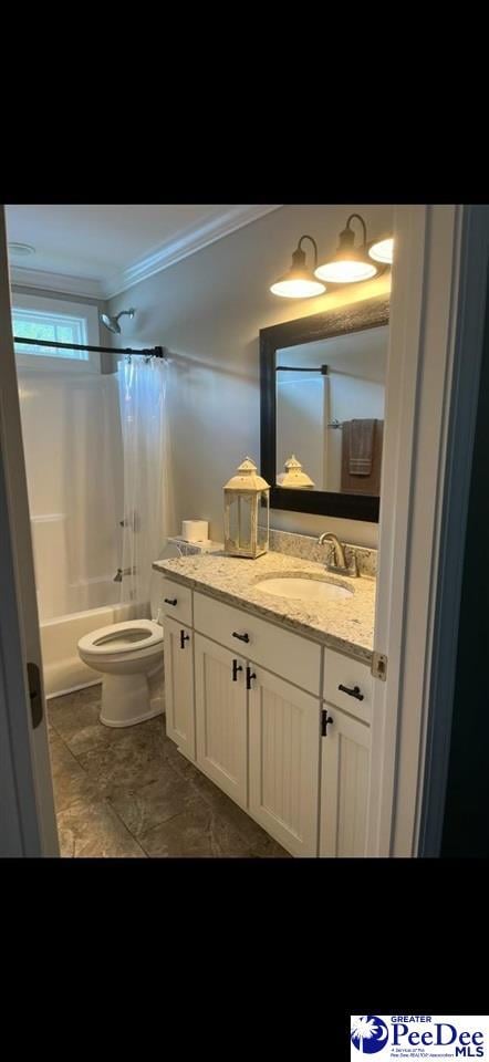 full bathroom featuring vanity, shower / tub combo, and toilet