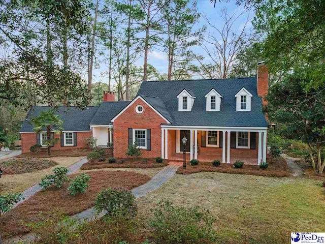 cape cod home featuring covered porch and a front lawn