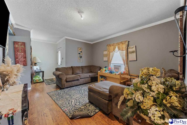 903 N Park St, Mullins, SC 29574 - living room featuring wood finished floors, a textured ceiling, and crown molding