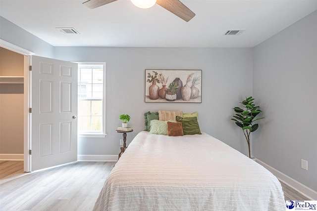 bedroom featuring ceiling fan and light wood-type flooring