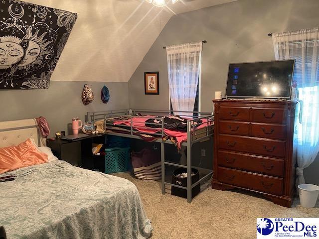 bedroom featuring lofted ceiling and light carpet