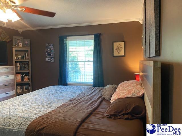 bedroom with crown molding and ceiling fan