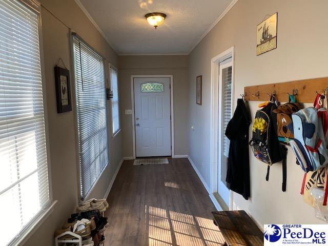 doorway with ornamental molding and dark hardwood / wood-style floors