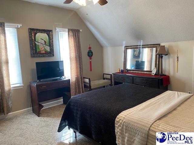 carpeted bedroom with ceiling fan, lofted ceiling, and multiple windows