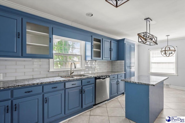 516 S Cashua Dr, Florence, SC 29501 - kitchen featuring dishwasher, blue cabinetry, ornamental molding, stone countertops, and decorative backsplash
