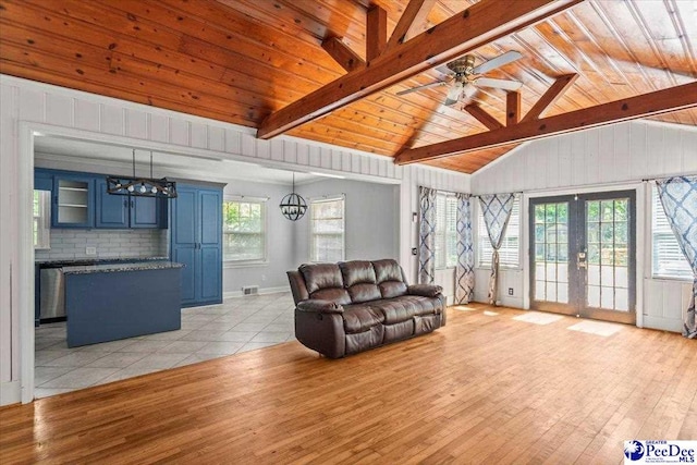 516 S Cashua Dr, Florence, SC 29501 - living area with a chandelier, light wood-style floors, ceiling fan, french doors, and wood ceiling