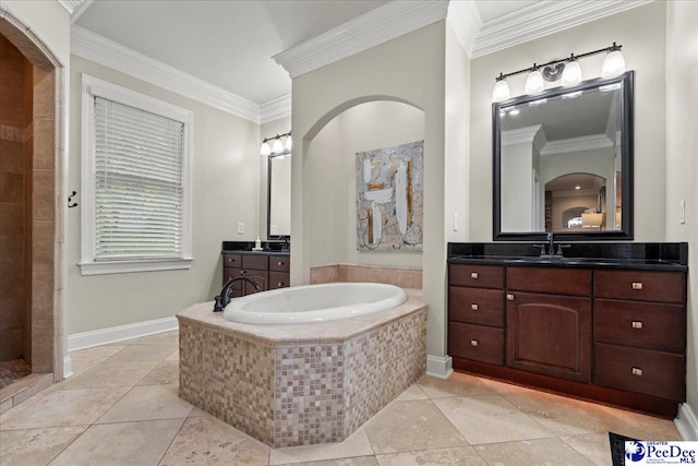 439 Whitman Ave, Florence, SC 29501 - full bathroom featuring ornamental molding, a bath, two vanities, a tile shower, and tile patterned floors
