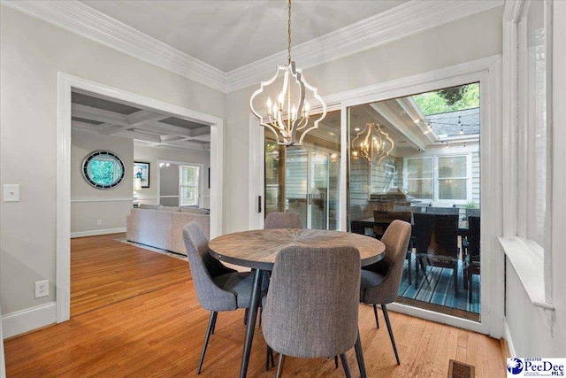 439 Whitman Ave, Florence, SC 29501 - dining area featuring a chandelier, wood finished floors, coffered ceiling, beam ceiling, and ornamental molding