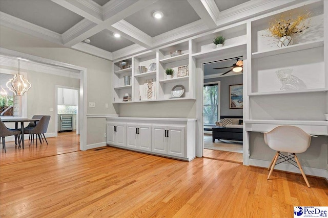 439 Whitman Ave, Florence, SC 29501 - office area featuring crown molding, light wood-style floors, ceiling fan, beamed ceiling, and a chandelier