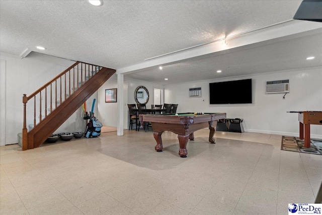 439 Whitman Ave, Florence, SC 29501 - recreation room with a wall mounted AC, billiards table, a textured ceiling, recessed lighting, and tile patterned floors