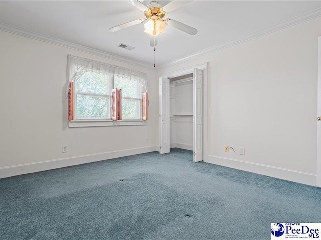 unfurnished bedroom with ceiling fan, ornamental molding, carpet floors, and a closet