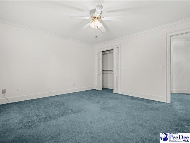 unfurnished bedroom featuring ceiling fan, ornamental molding, and carpet flooring