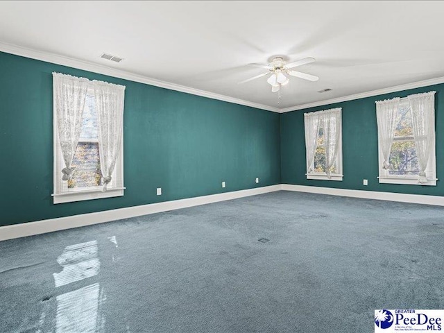 spare room featuring crown molding, ceiling fan, and carpet