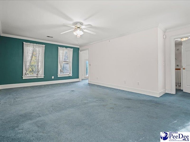 unfurnished room with carpet floors, ornamental molding, and ceiling fan