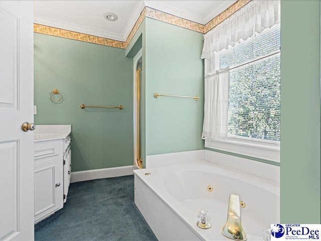 bathroom featuring vanity, crown molding, and plus walk in shower