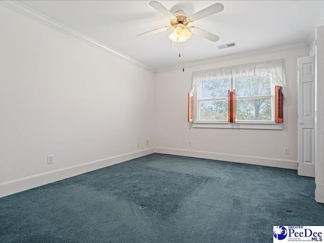 carpeted spare room featuring crown molding and ceiling fan