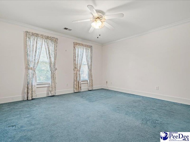 spare room with ornamental molding, carpet floors, and ceiling fan