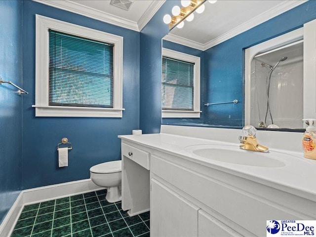 bathroom with walk in shower, tile patterned floors, toilet, ornamental molding, and vanity