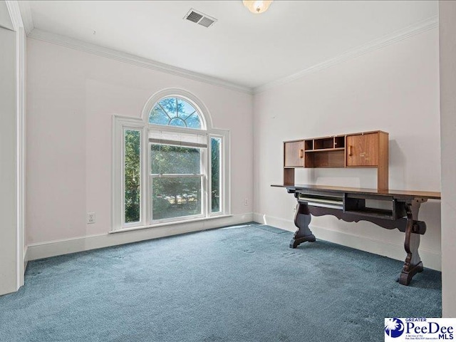 miscellaneous room featuring ornamental molding and carpet flooring